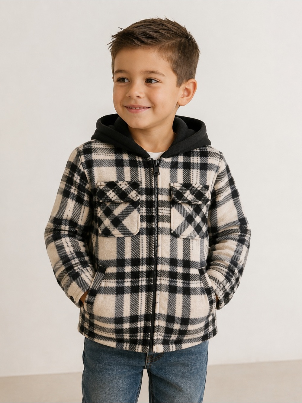 Distortion Boys 5/6 Plaid Fleece Hooded Zip Jacket Black Cream